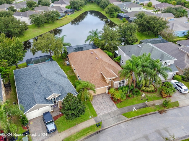 drone / aerial view featuring a water view