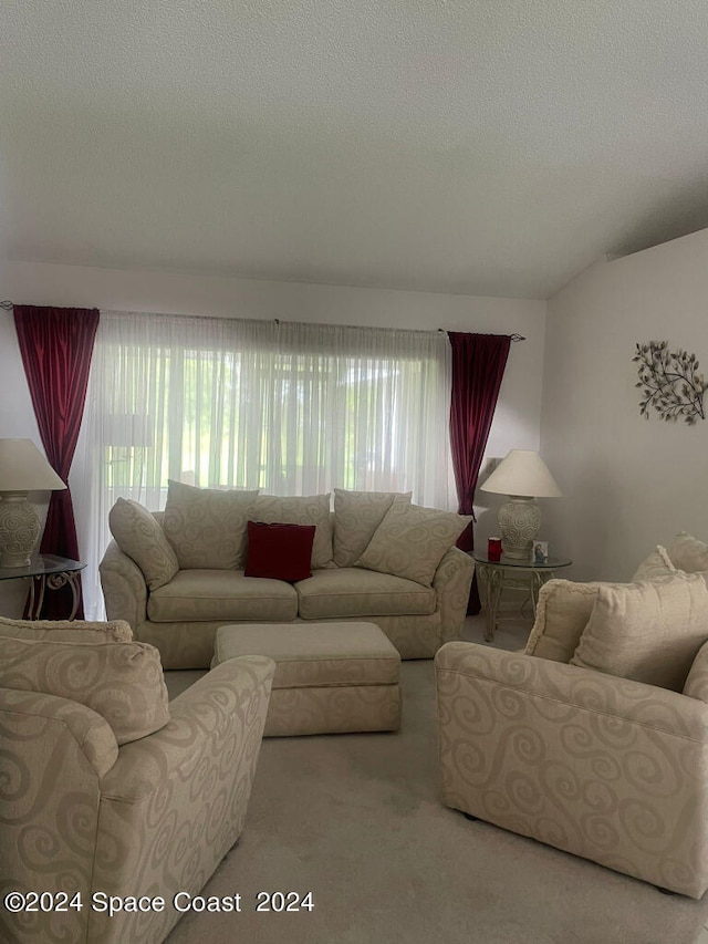 living room with light carpet and a textured ceiling