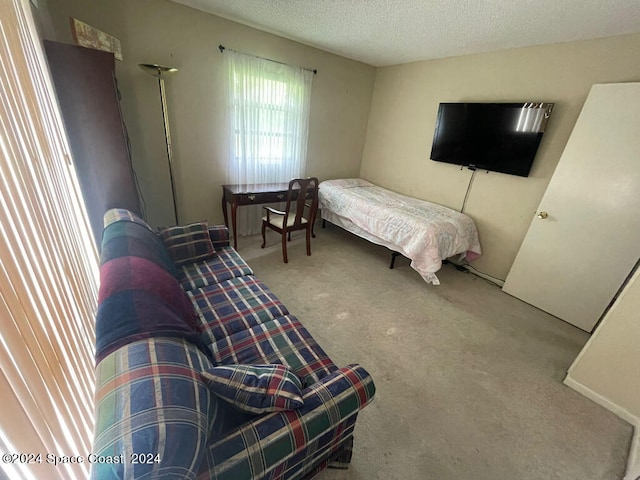 carpeted bedroom with a textured ceiling