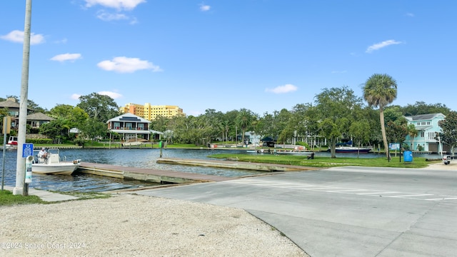 exterior space with a water view