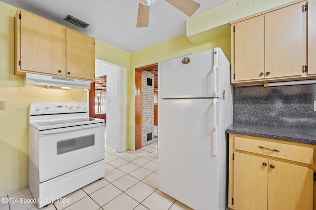 kitchen with decorative backsplash, white appliances, light tile patterned floors, light brown cabinetry, and ceiling fan