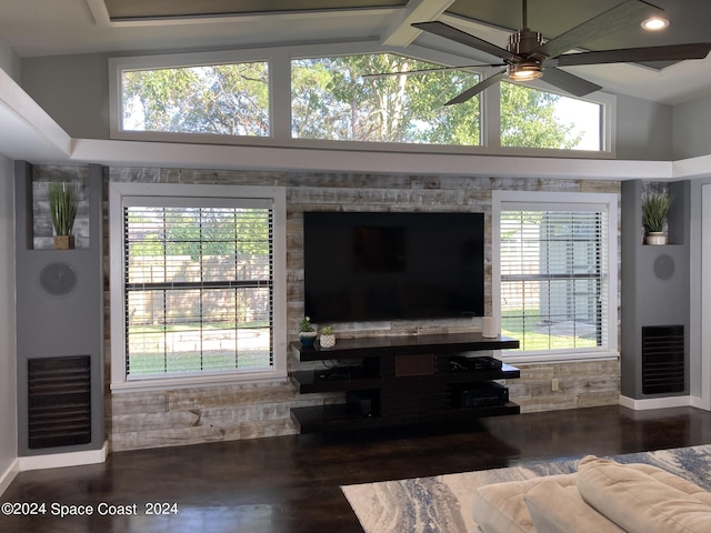 living room featuring high vaulted ceiling, wood-type flooring, ceiling fan, and heating unit