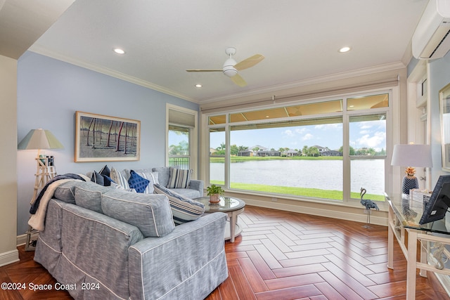 living room featuring ceiling fan, crown molding, parquet floors, and a water view