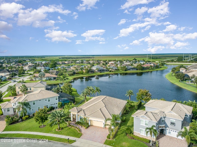 drone / aerial view featuring a water view