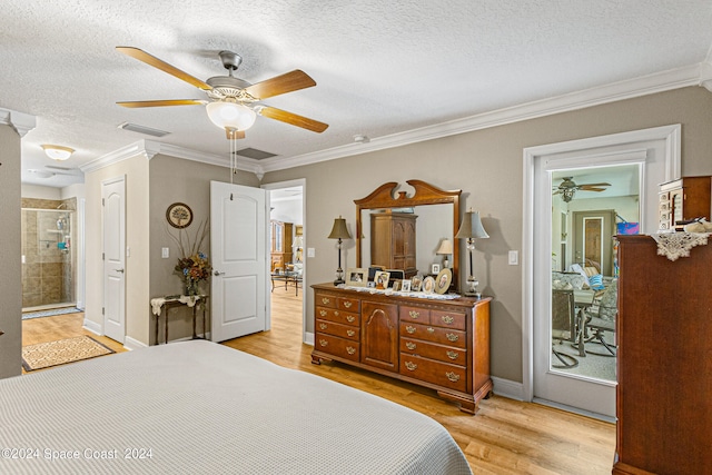 bedroom with light hardwood / wood-style floors, a textured ceiling, ceiling fan, access to outside, and ornamental molding