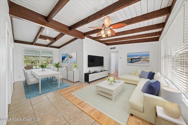 living room with ceiling fan, lofted ceiling with beams, wooden ceiling, and light hardwood / wood-style flooring