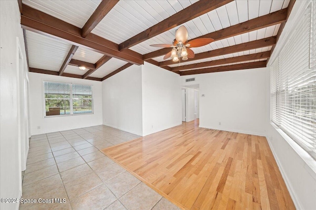 empty room with light hardwood / wood-style flooring, lofted ceiling with beams, wooden ceiling, and ceiling fan