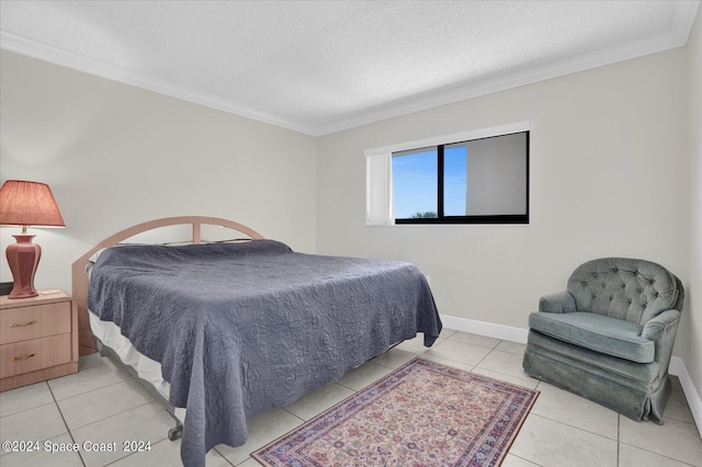 bedroom with light tile patterned floors, a textured ceiling, and ornamental molding