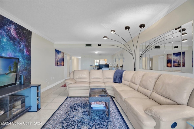 living room featuring a textured ceiling, light tile patterned flooring, and crown molding