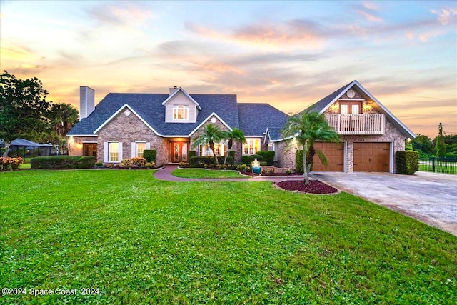 view of front of property featuring a yard and a garage