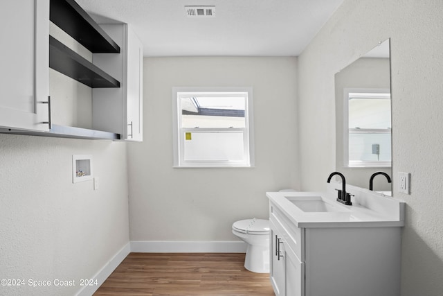 bathroom featuring hardwood / wood-style flooring, vanity, and toilet