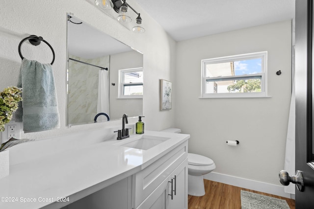 bathroom with a shower with curtain, hardwood / wood-style flooring, vanity, and toilet