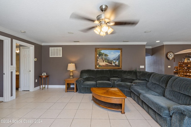 living room featuring a textured ceiling, ceiling fan, light tile patterned floors, and crown molding