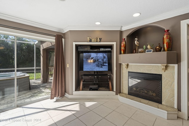 unfurnished living room with a textured ceiling, crown molding, and tile patterned flooring