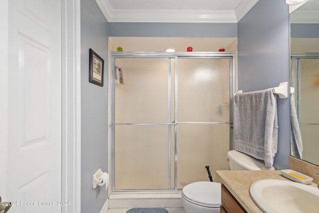 bathroom with walk in shower, vanity, toilet, and tile patterned floors