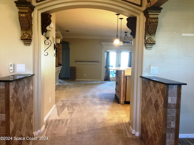 hallway with crown molding and carpet flooring