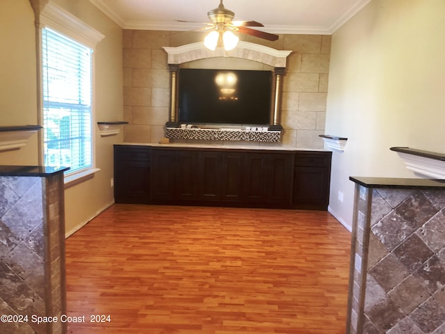 interior space with dark brown cabinetry, ornamental molding, backsplash, and light hardwood / wood-style floors