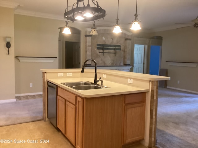 1870 Parrsboro St NW, Palm Bay, FL 32907 - kitchen with light countertops, dishwasher, a sink, crown molding, and light colored carpet