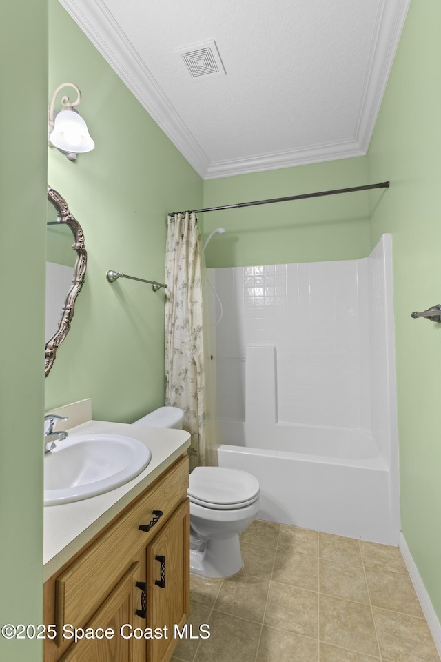 1870 Parrsboro St NW, Palm Bay, FL 32907 - full bath with ornamental molding, vanity, shower / bath combination with curtain, and tile patterned floors