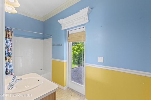 1870 Parrsboro St NW, Palm Bay, FL 32907 - full bathroom featuring shower / tub combo with curtain, vanity, tile patterned flooring, and crown molding