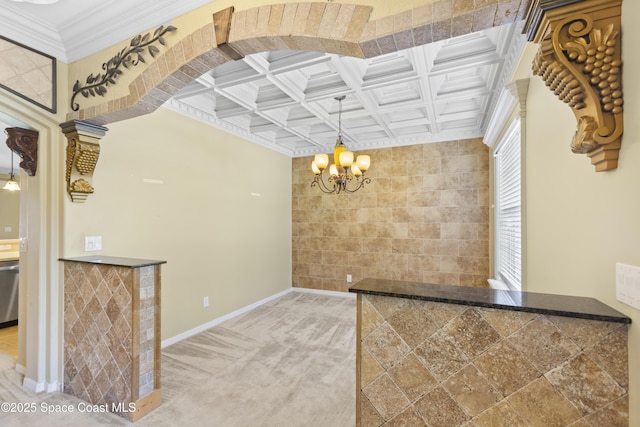 1870 Parrsboro St NW, Palm Bay, FL 32907 - unfurnished dining area with tile walls, a chandelier, carpet flooring, arched walkways, and coffered ceiling
