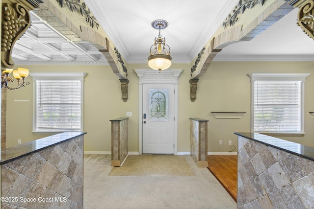 1870 Parrsboro St NW, Palm Bay, FL 32907 - entryway featuring a chandelier, plenty of natural light, ornamental molding, and carpet floors
