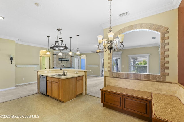 1870 Parrsboro St NW, Palm Bay, FL 32907 - kitchen featuring dishwasher, ornamental molding, a chandelier, light countertops, and light colored carpet