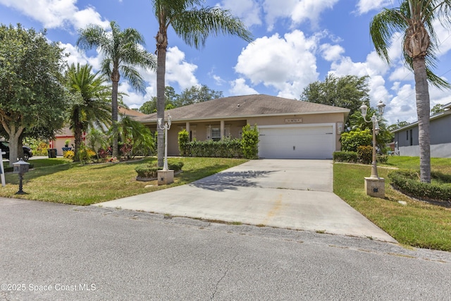 1870 Parrsboro St NW, Palm Bay, FL 32907 - view of front facade featuring stucco siding, a front yard, concrete driveway, and an attached garage