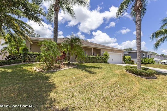 1870 Parrsboro St NW, Palm Bay, FL 32907 - view of front of property featuring stucco siding, an attached garage, driveway, and a front lawn