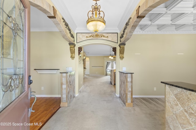 1870 Parrsboro St NW, Palm Bay, FL 32907 - hall featuring arched walkways, crown molding, carpet, and beamed ceiling