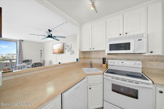 kitchen featuring white cabinets, white appliances, ceiling fan, track lighting, and sink