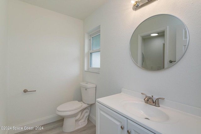 bathroom with wood-type flooring, vanity, and toilet