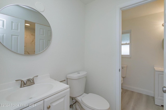 bathroom featuring wood-type flooring, vanity, and toilet