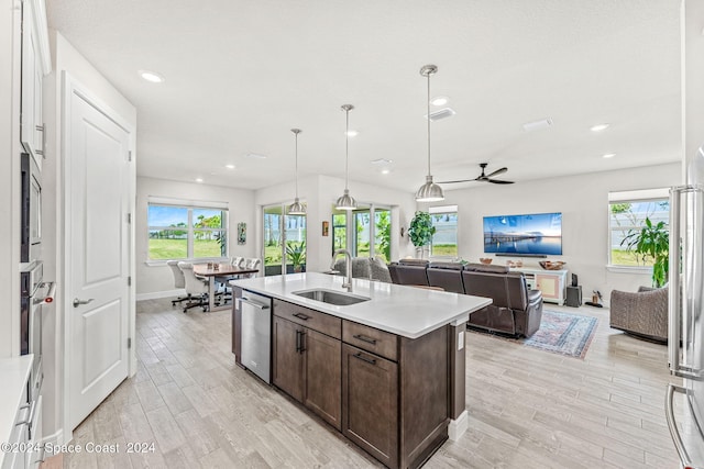 kitchen with light hardwood / wood-style flooring, stainless steel appliances, a healthy amount of sunlight, and sink