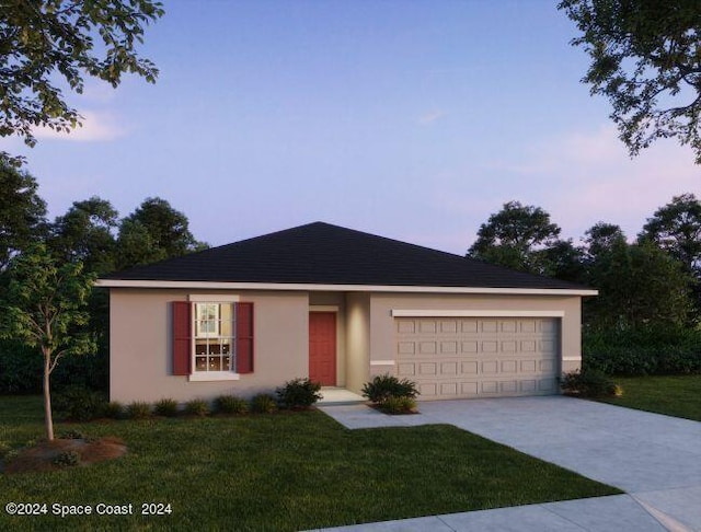 ranch-style house featuring concrete driveway, a front yard, stucco siding, and an attached garage