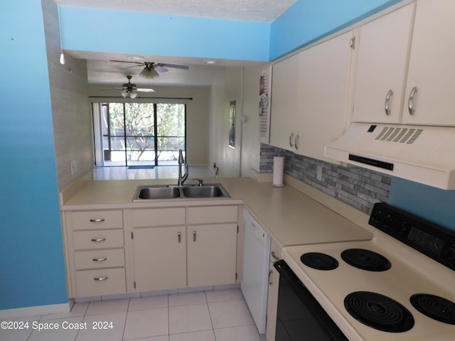 kitchen with white cabinets, light tile patterned floors, sink, white appliances, and exhaust hood