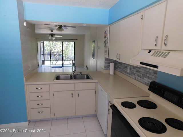 kitchen with range hood, a ceiling fan, light countertops, a sink, and range with electric cooktop