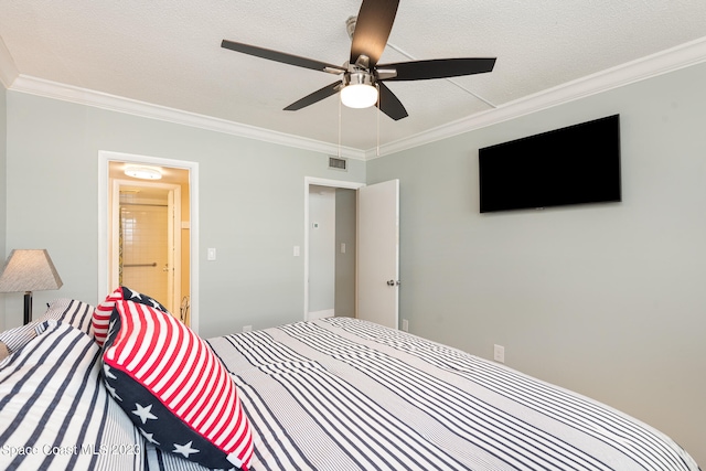 bedroom with crown molding, a textured ceiling, and ceiling fan