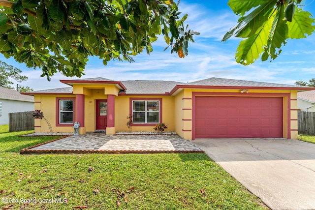 ranch-style house with a garage and a front lawn