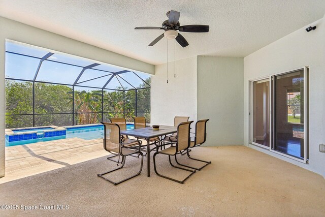 929 Hialeah St, Rockledge, FL 32955 - view of patio / terrace with a pool with connected hot tub, outdoor dining area, a lanai, and ceiling fan