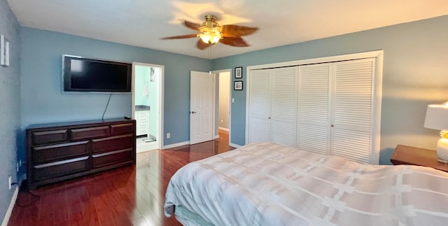 bedroom with ceiling fan, a closet, and dark hardwood / wood-style floors