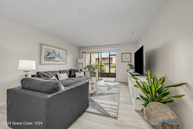 living room with a textured ceiling