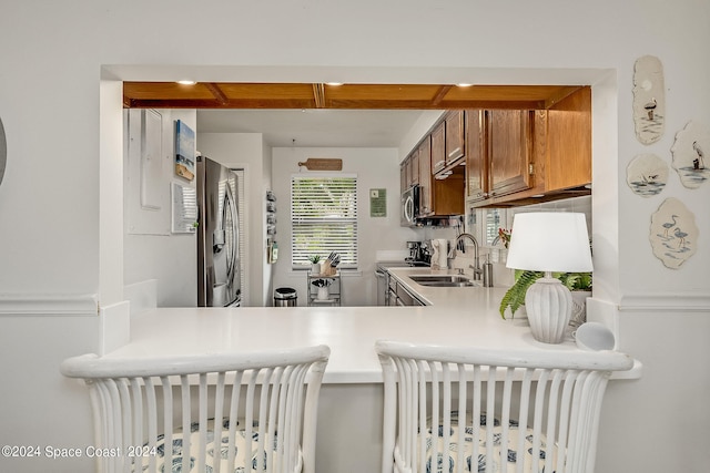 kitchen featuring stainless steel appliances, kitchen peninsula, and sink