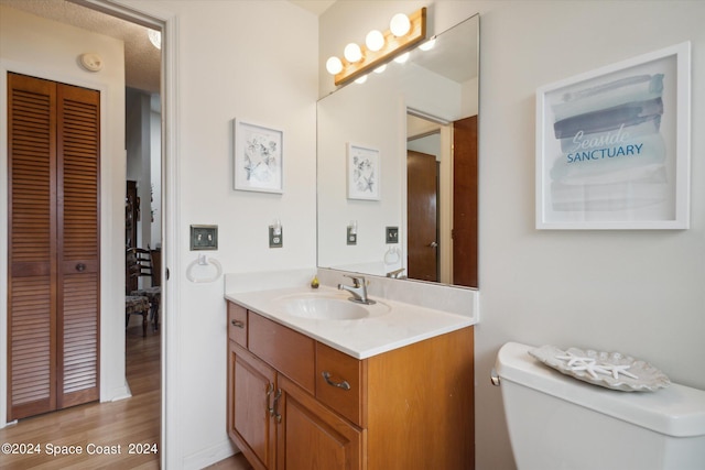 bathroom with wood-type flooring, vanity, and toilet