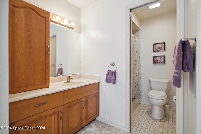 bathroom featuring tile patterned floors, vanity, toilet, and a shower with curtain