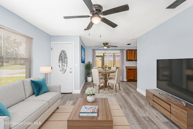 living room with ceiling fan, light hardwood / wood-style floors, and a textured ceiling