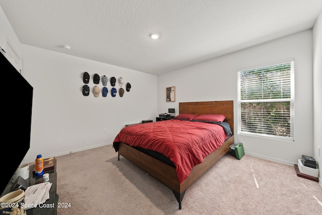 carpeted bedroom with a textured ceiling