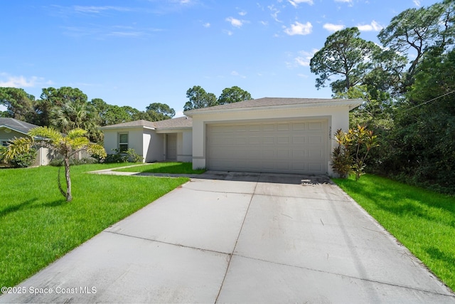 ranch-style home with a front yard and a garage