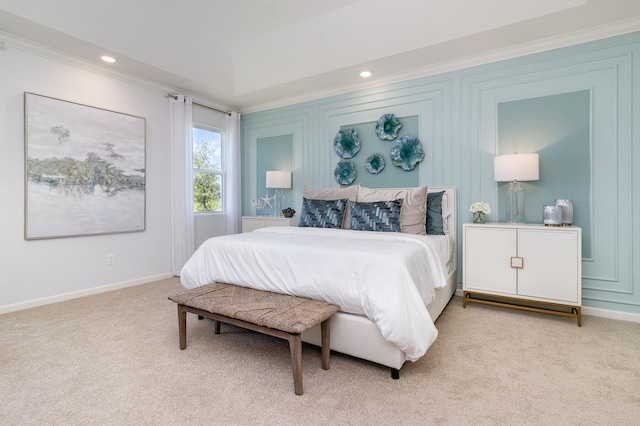 bedroom featuring light carpet and crown molding