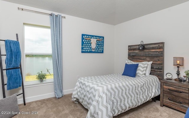 carpeted bedroom with a textured ceiling and a water view